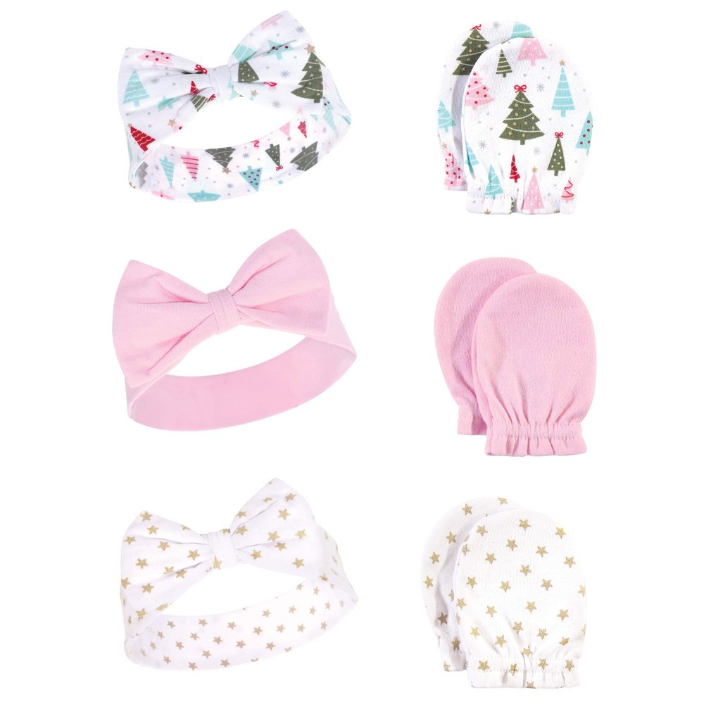 Hudson Baby Unisex Baby Cotton Headband and Scratch Mitten Set, Sparkle Trees, 0-6 Months