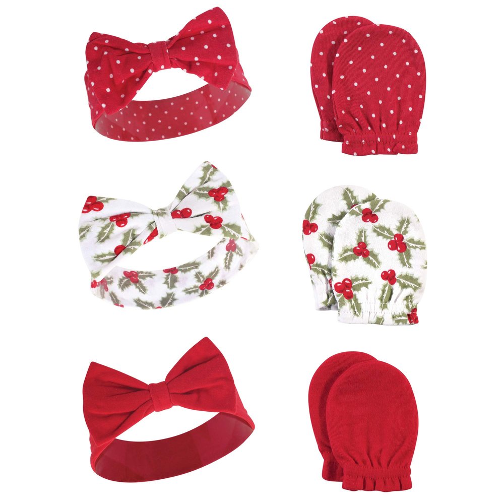 Hudson Baby Unisex Baby Cotton Headband and Scratch Mitten Set, Holly, 0-6 Months