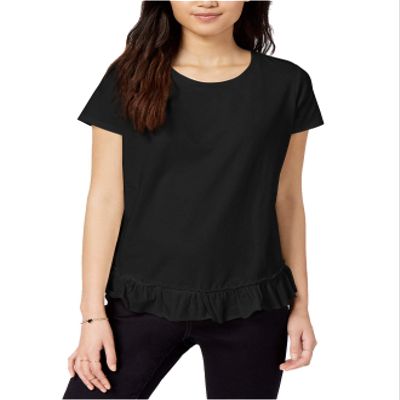 Maison Jules Womens Ruffled Crew Neck T-Shirt Black XS