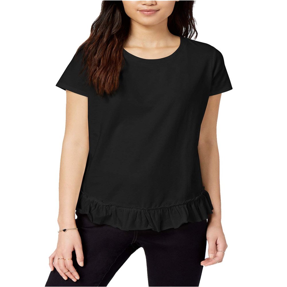 Maison Jules Womens Ruffled Crew Neck T-Shirt Black XS