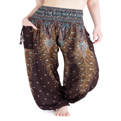 Lannaclothesdesign Women's Smocked Waist Boho Flowy Yoga Harem Pants Hippie Clothes (M, Brown)