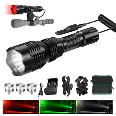VASTFIRE Predator Light with Interchangeable (Red, Green, White) LED Hunting Flashlight with Scope Mount for Hog Coyote Coon Bobcat Raccoon Varmint Rabbit Night Hunting