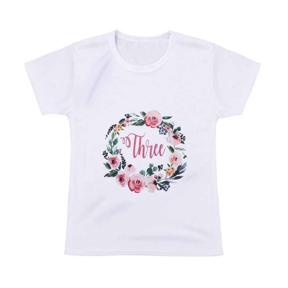 Agoky Toddler Boys Girls Short Sleeves Round Neck Floral Watercolor Letter Printed T-Shirt White Three 2-4