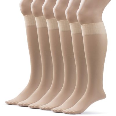 Silky Toes Sheer Knee High Stockings for Women, 6 Pairs Nylon Trouser Socks, Nude, Queen