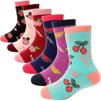 ANTSANG Kids Merino Wool Hiking Socks Toddlers Boys Girls Winter Warm Thick Thermal Crew Boot Heavy Cozy Snow Cabin Gift Snowboarding Socks 6 Pairs for Childs(Fruit,4-7Y)