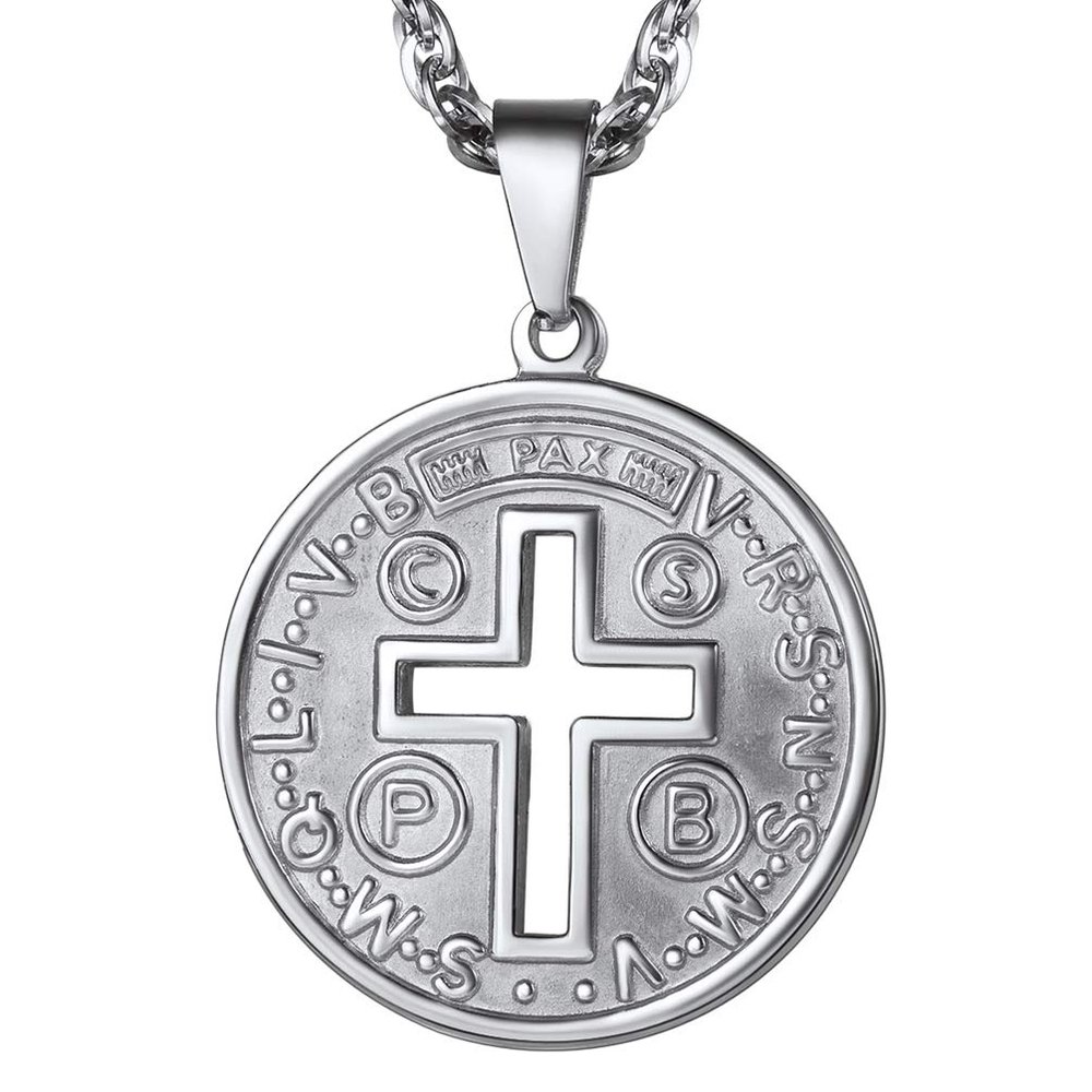 PROSTEEL Cross of St Benedict Necklace Medalla de San Benito Men Jewelry Stainless Steel Round Medal Medallion Pendant Chain