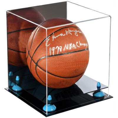 Better Display Cases Basketball Holder Clear Full Size Acrylic Display Case with Blue Risers ,Black Two Tiered Base ,Mirror case 11" L x 11" W x 11" H (A001-BLR)
