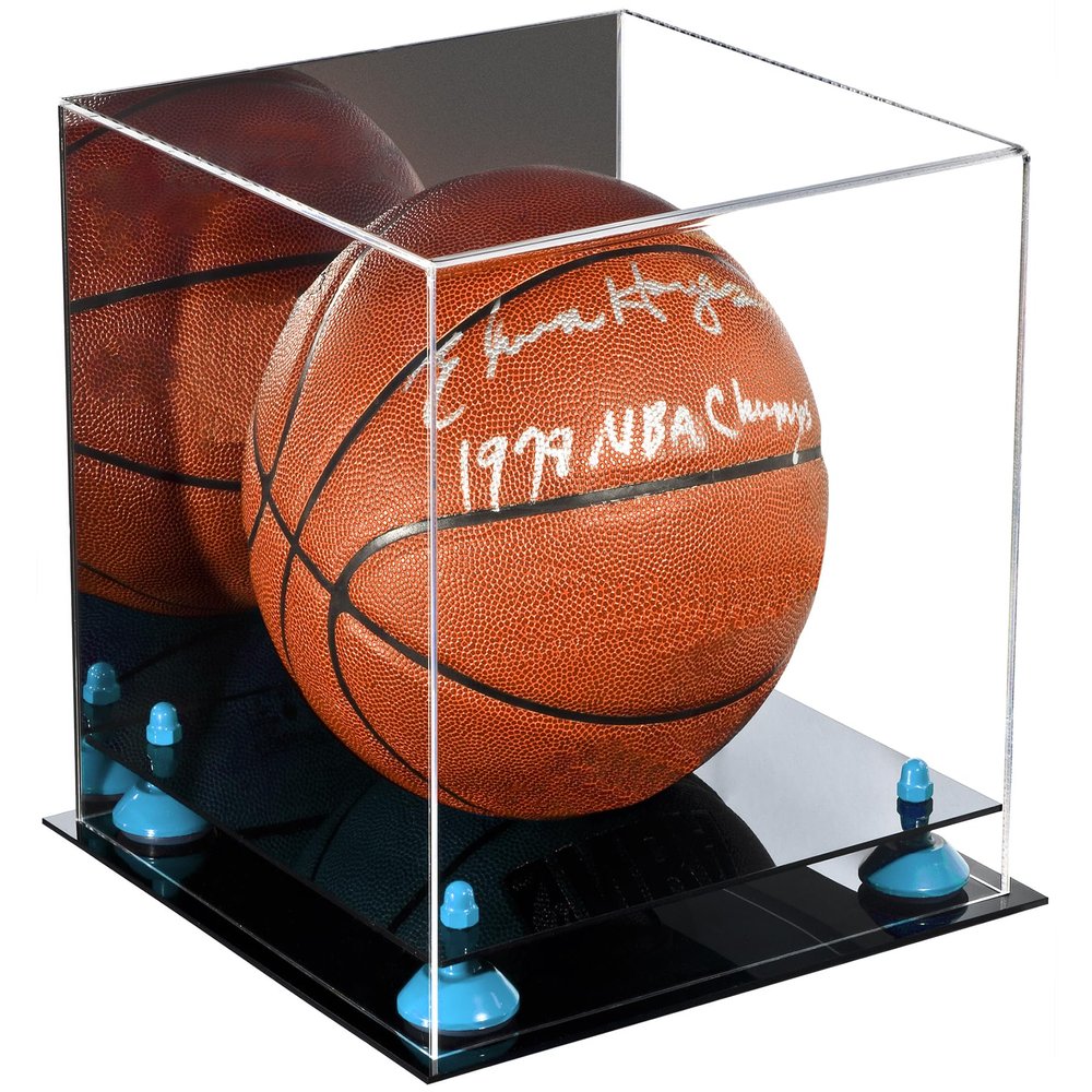 Better Display Cases Basketball Holder Clear Full Size Acrylic Display Case with Blue Risers ,Black Two Tiered Base ,Mirror case 11" L x 11" W x 11" H (A001-BLR)