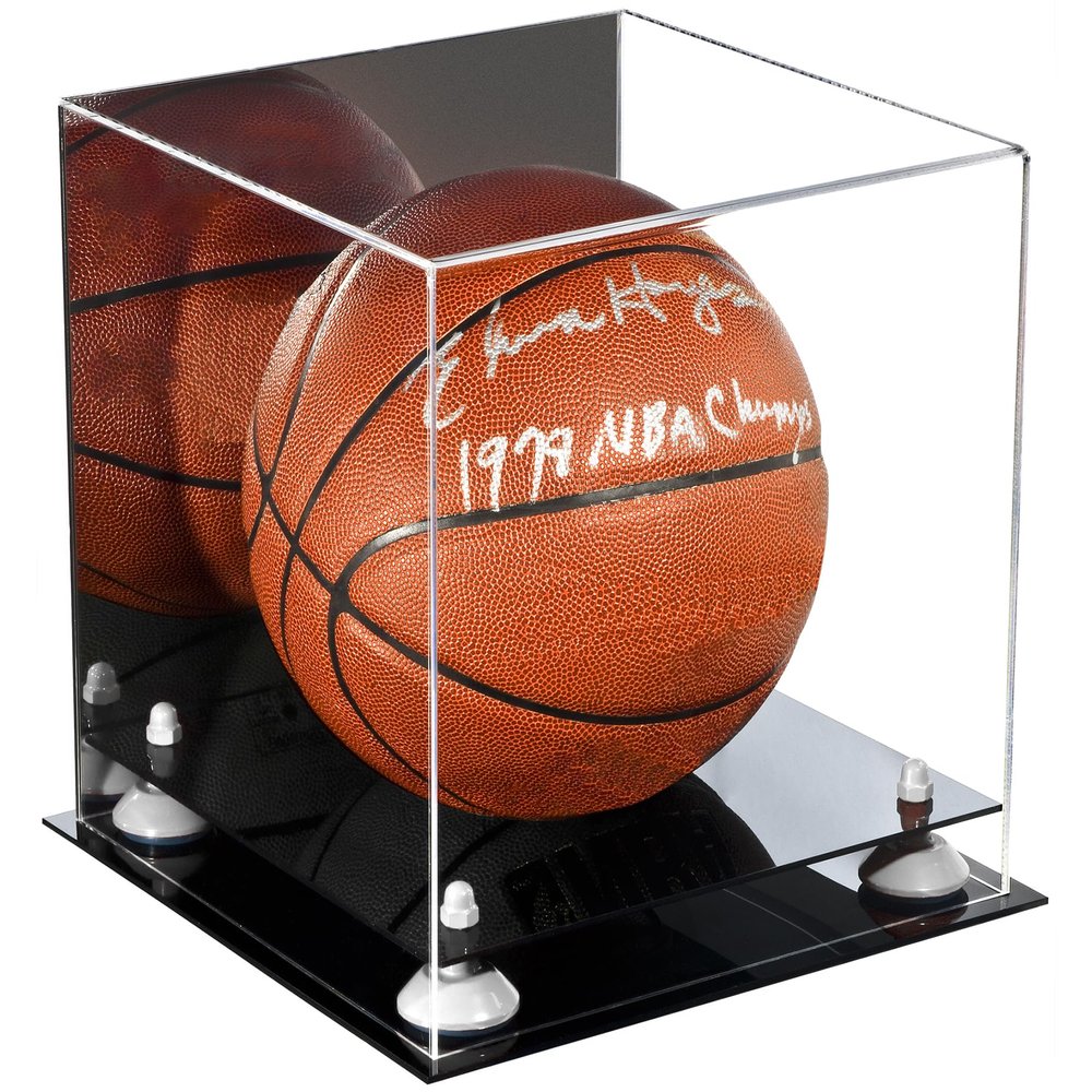 Better Display Cases Basketball Holder Clear Full Size Acrylic Display Case with White Risers ,Mirror case,Black Two Tiered Base 11" L x 11" W x 11" H (A001-WR)