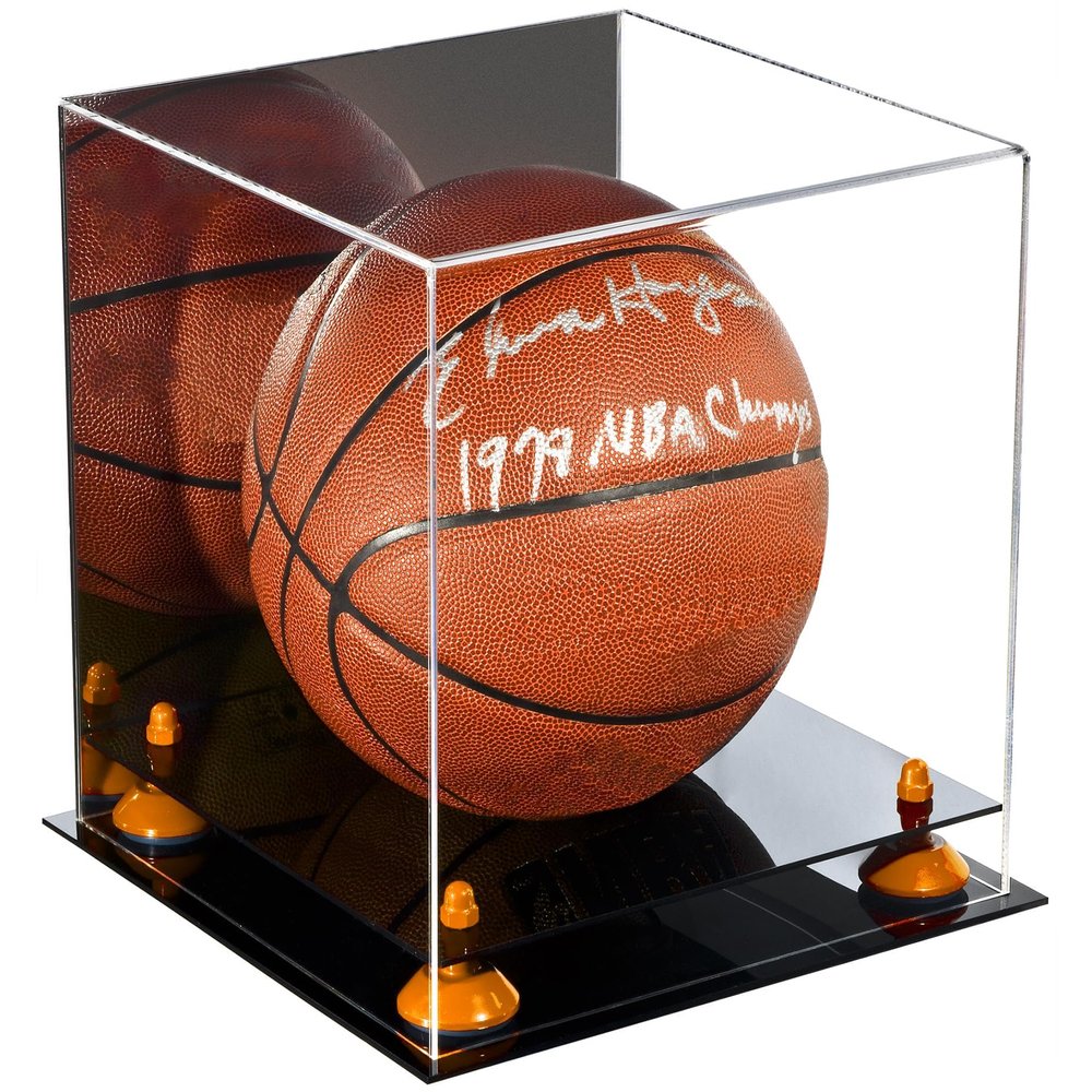 Better Display Cases Basketball Holder Clear Full Size Acrylic Display Case with Orange Risers ,Mirror case, Black Two Tiered Base 11" L x 11" W x 11" H (A001-OR)