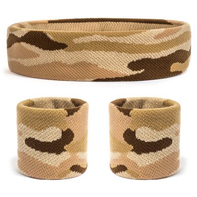 Suddora Camo Headband/Wrist Band Set - Camouflage Sweatbands for Basketball, Tennis, Working Out, Gym (Tan)