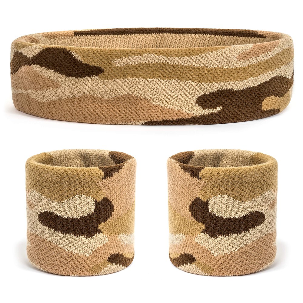 Suddora Camo Headband/Wrist Band Set - Camouflage Sweatbands for Basketball, Tennis, Working Out, Gym (Tan)