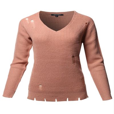 Awesome21 Casual Solid Distressed Detail V-Neck Over-Sized Knit Sweater Mauve Size S
