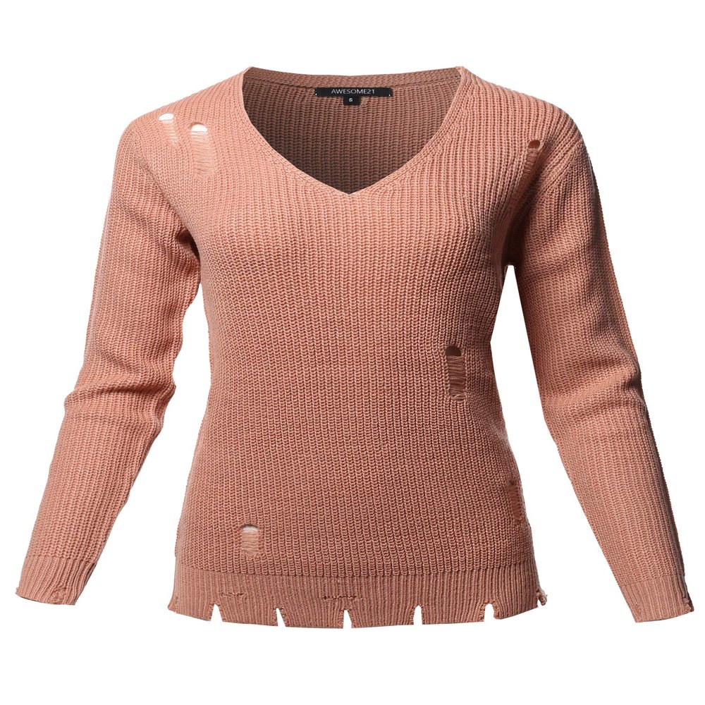 Awesome21 Casual Solid Distressed Detail V-Neck Over-Sized Knit Sweater Mauve Size S