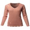 Awesome21 Casual Solid Distressed Detail V-Neck Over-Sized Knit Sweater Mauve Size S view 1