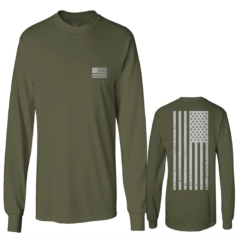 0092. White Vintage American Flag United States America USA us Military Patriotic Men's Long Sleeve t Shirt (Olive, Small)