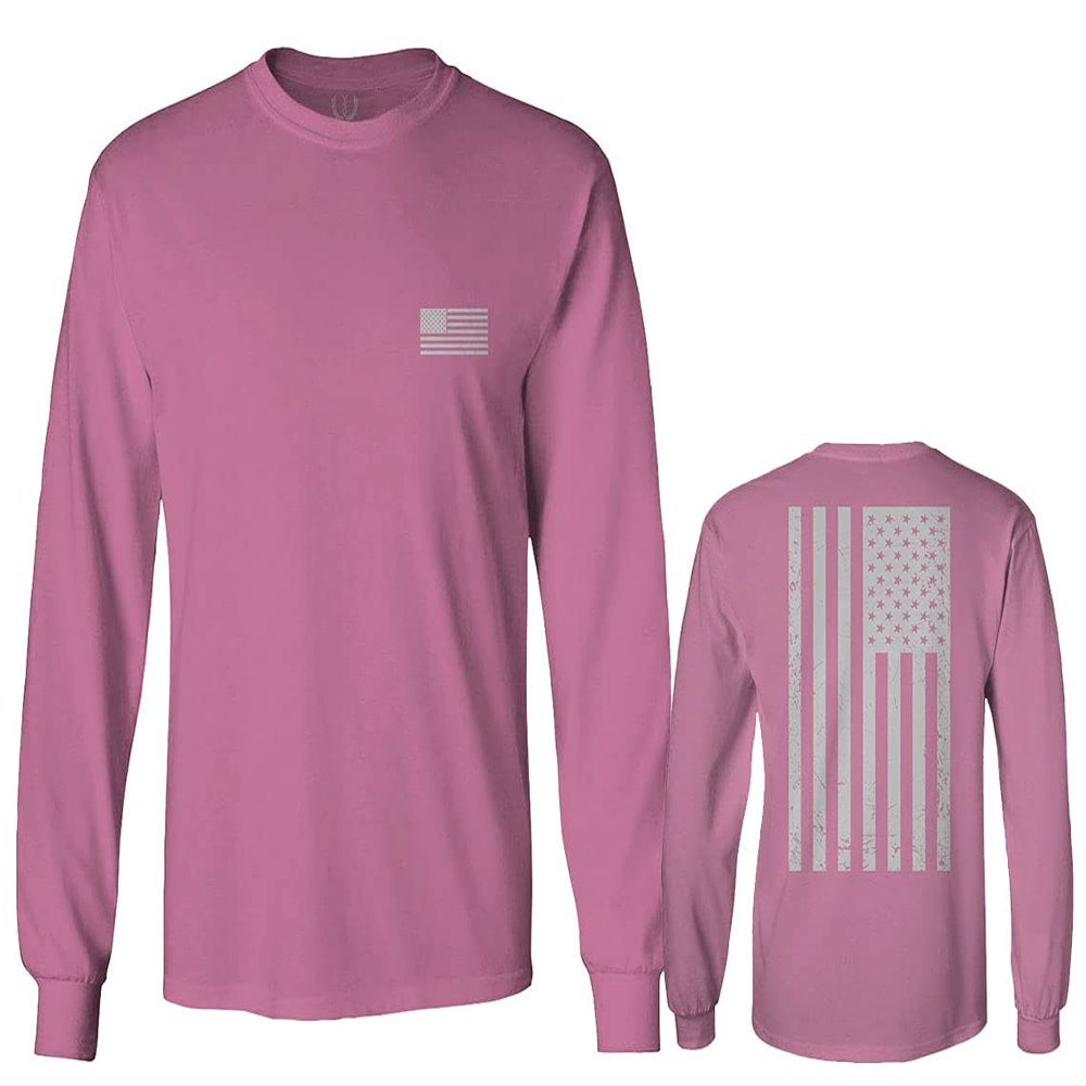 0092. White Vintage American Flag United States America USA us Military Patriotic Men's Long Sleeve t Shirt (Pink Small)