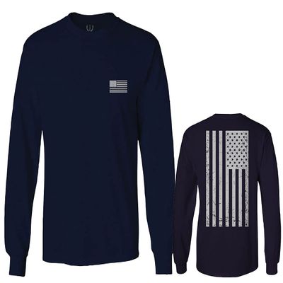 0092. White Vintage American Flag United States America USA us Military Patriotic Men's Long Sleeve t Shirt (Characol, 2X Large)