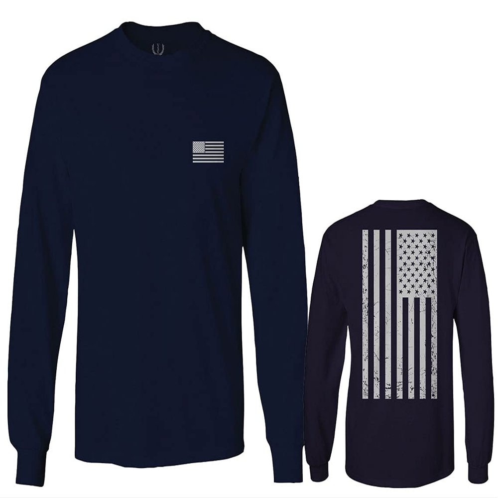0092. White Vintage American Flag United States America USA us Military Patriotic Men's Long Sleeve t Shirt (Characol, 2X Large)