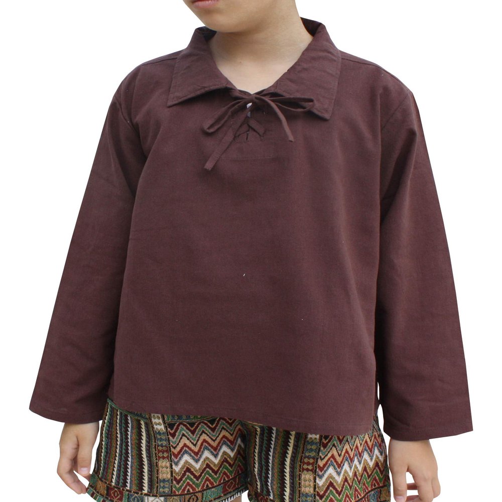 Svenine Childrens Poets Collar Tied Chest Long Sleeve Cotton Renaissance Shirt, 8-10 Years, Stamped Fabric - Dark Brown