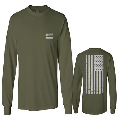 0092. White Vintage American Flag United States America USA us Military Patriotic Men's Long Sleeve t Shirt (Olive, 2X Large)