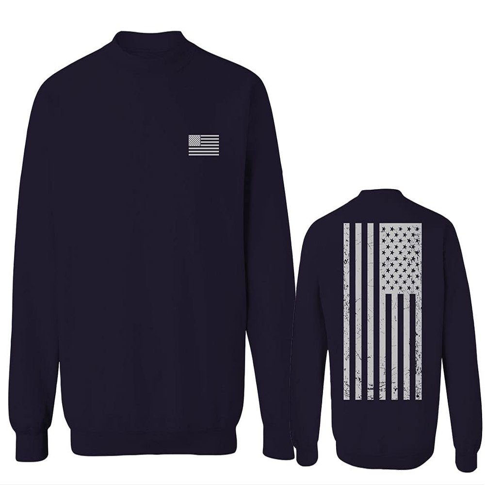 0092. White Vintage American Flag United States America USA us Military Patriotic Men's Crewneck Sweatshirt (Navy Small)