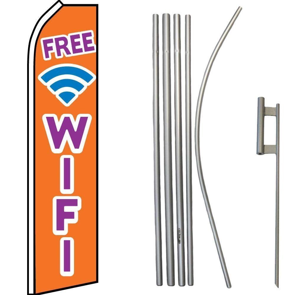 MWS Free WiFi Orange/Blue/Pink Swooper Flag & 16ft Flagpole Kit/Ground Spike