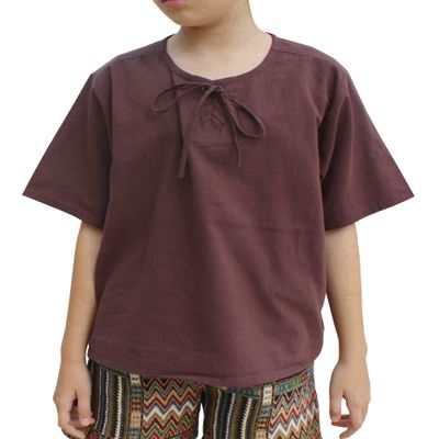 Svenine Childrens Round Collar Tied Chest Short Sleeve Cotton Renaissance Shirt, 8-10 Years, Stamped Fabric - Dark Brown