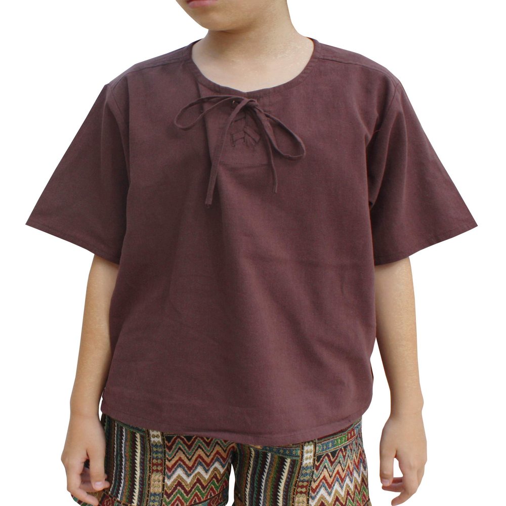 Svenine Childrens Round Collar Tied Chest Short Sleeve Cotton Renaissance Shirt, 8-10 Years, Stamped Fabric - Dark Brown