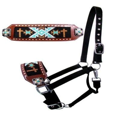 Showman Bronc Halter w/Navajo Cross Beaded Design Noseband