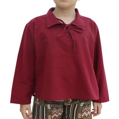 Svenine Childrens Poets Collar Tied Chest Long Sleeve Cotton Renaissance Shirt, 3-6 Years, Plain Fabric - Burgundy Red