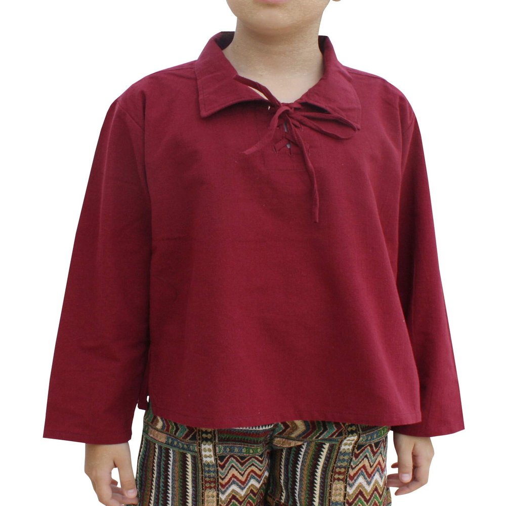 Svenine Childrens Poets Collar Tied Chest Long Sleeve Cotton Renaissance Shirt, 3-6 Years, Plain Fabric - Burgundy Red