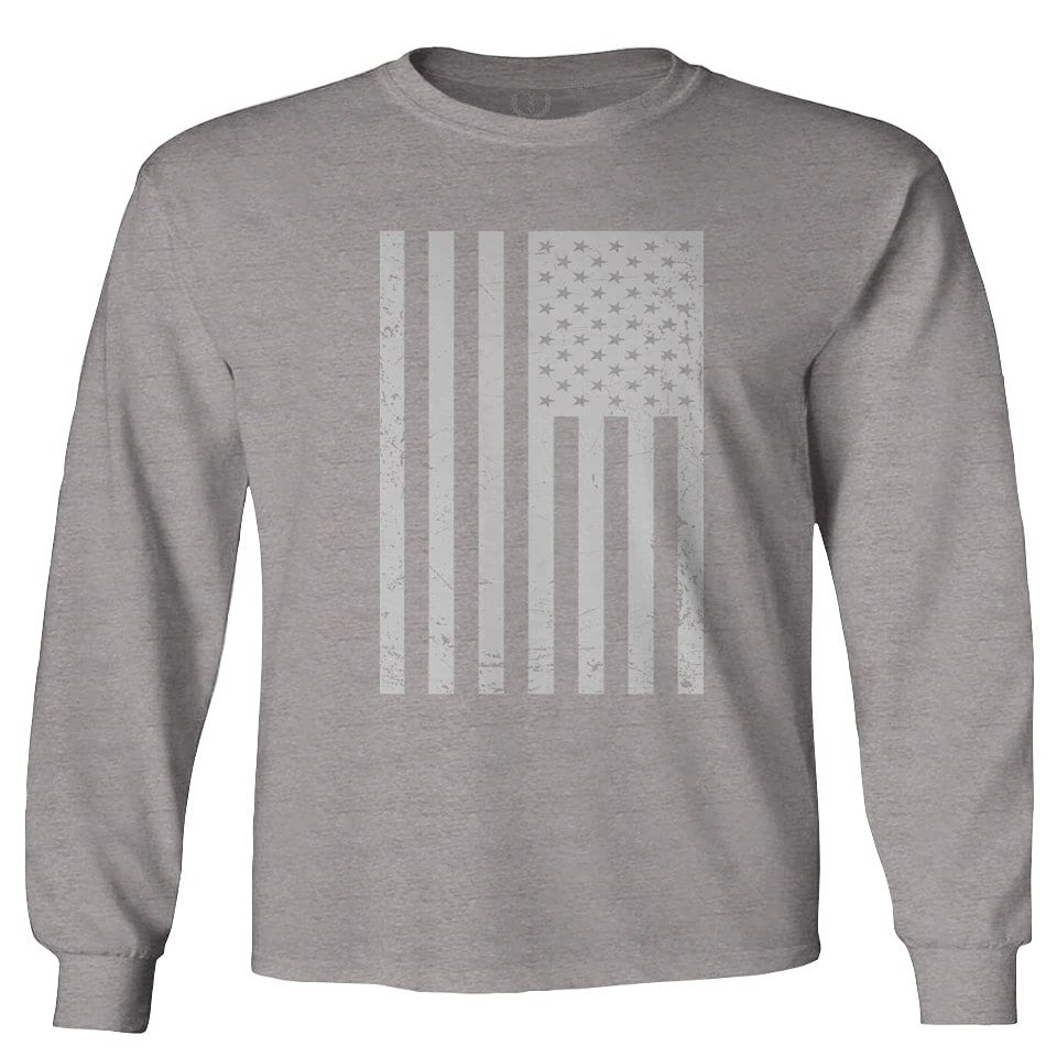 0093. Vintage White American Flag United States America USA Military Patriotic Style Men's Long Sleeve t Shirt (Light Gray Small)