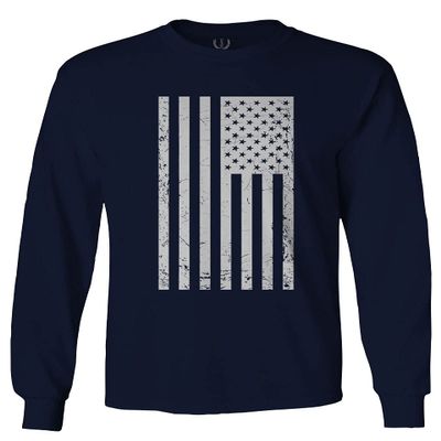 0093. Vintage White American Flag United States America USA Military Patriotic Style Men's Long Sleeve t Shirt (Navy Blue, X-Large)
