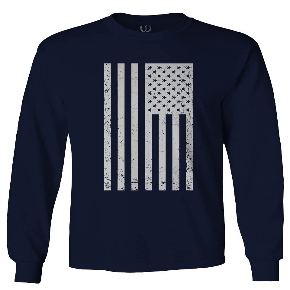 0093. Vintage White American Flag United States America USA Military Patriotic Style Men's Long Sleeve t Shirt (Navy Blue, X-Large)