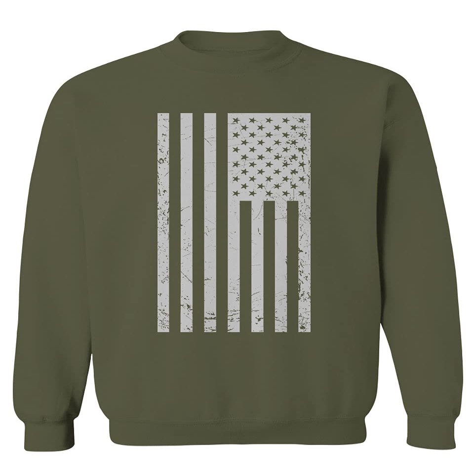 0093. Vintage White American Flag United States America USA Military Patriotic Style Men's Crewneck Sweatshirt (Olive, X-Large)