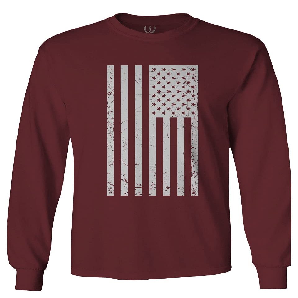 0093. Vintage White American Flag United States America USA Military Patriotic Style Men's Long Sleeve t Shirt (Maroon Large)