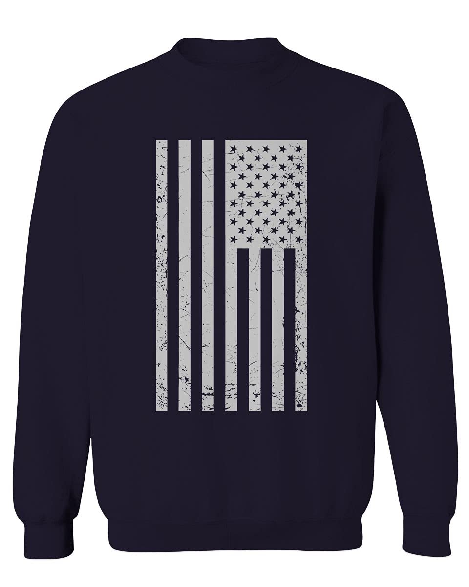 0093. Vintage White American Flag United States America USA Military Patriotic Style Men's Crewneck Sweatshirt (Navy X-Large)