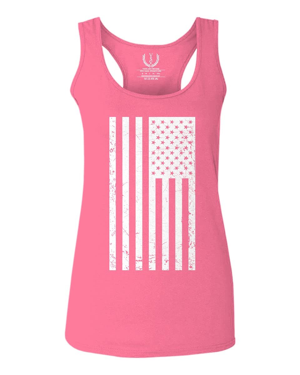 0093. Vintage White American Flag United States America USA Military Patriotic Style Women's Tank Top Racerback (Pink Large)