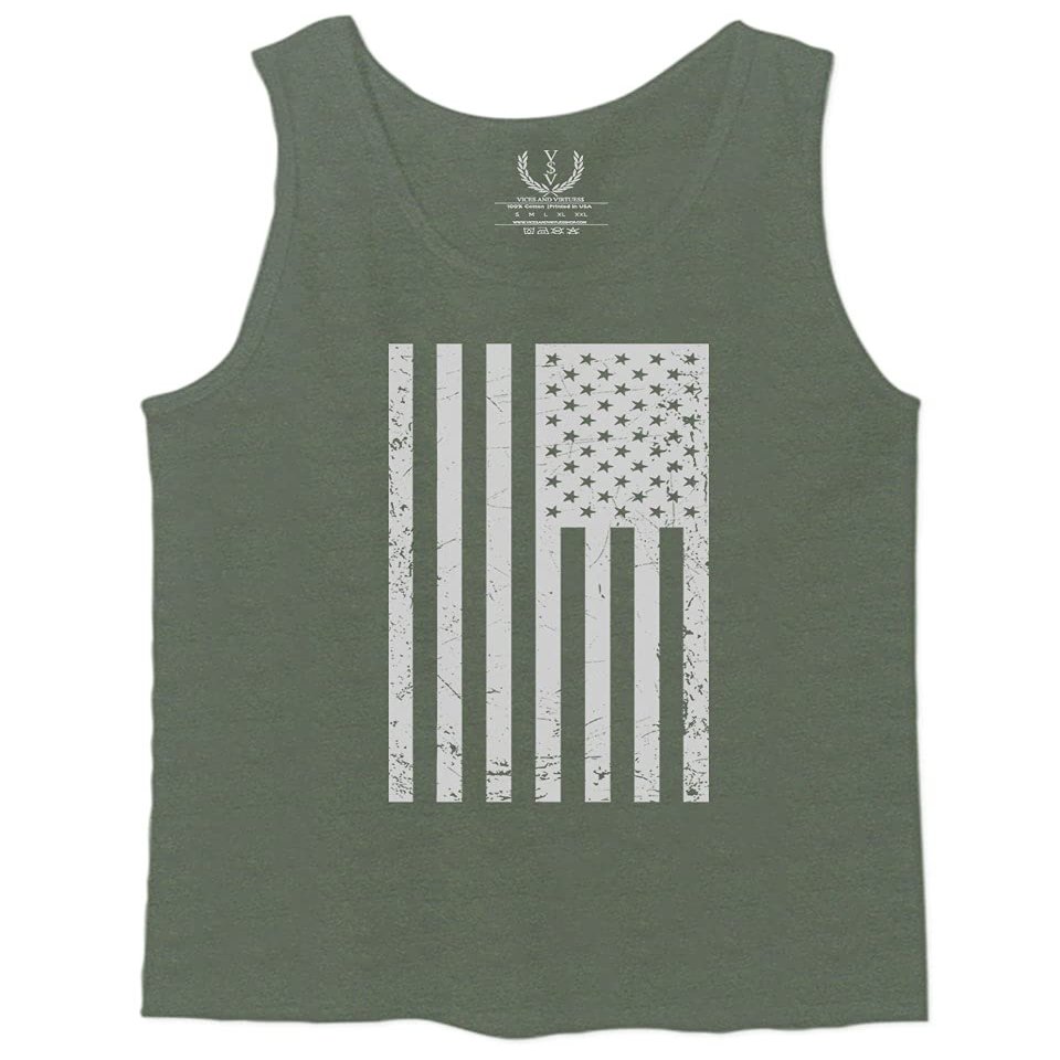 0093. Vintage White American Flag United States America USA Military Patriotic Style Men's Fitted Tank Top (Olive, X-Large)