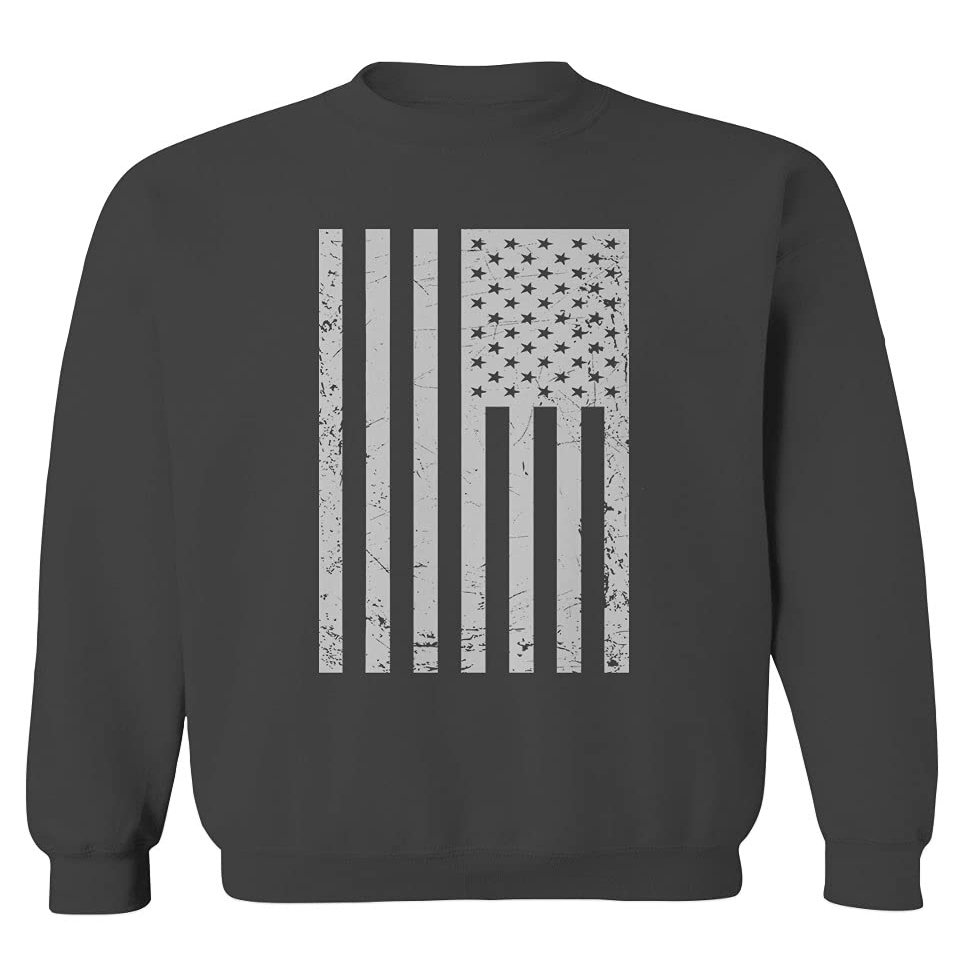 0093. Vintage White American Flag United States America USA Military Patriotic Style Men's Crewneck Sweatshirt (Characol X-Large)