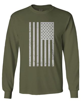 0093. Vintage White American Flag United States America USA Military Patriotic Style Men's Long Sleeve t Shirt (Olive, Small)