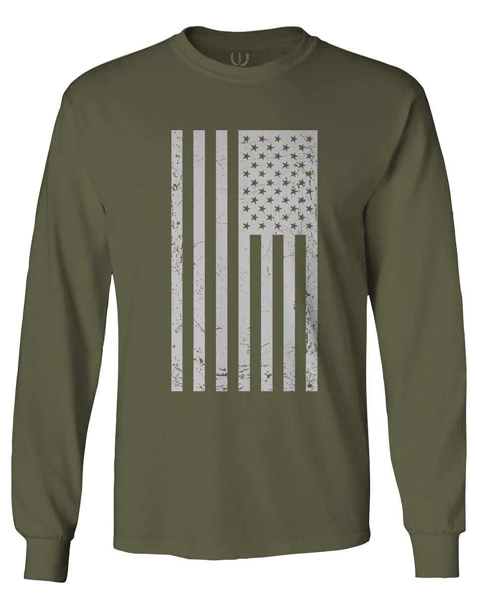 0093. Vintage White American Flag United States America USA Military Patriotic Style Men's Long Sleeve t Shirt (Olive, Small)