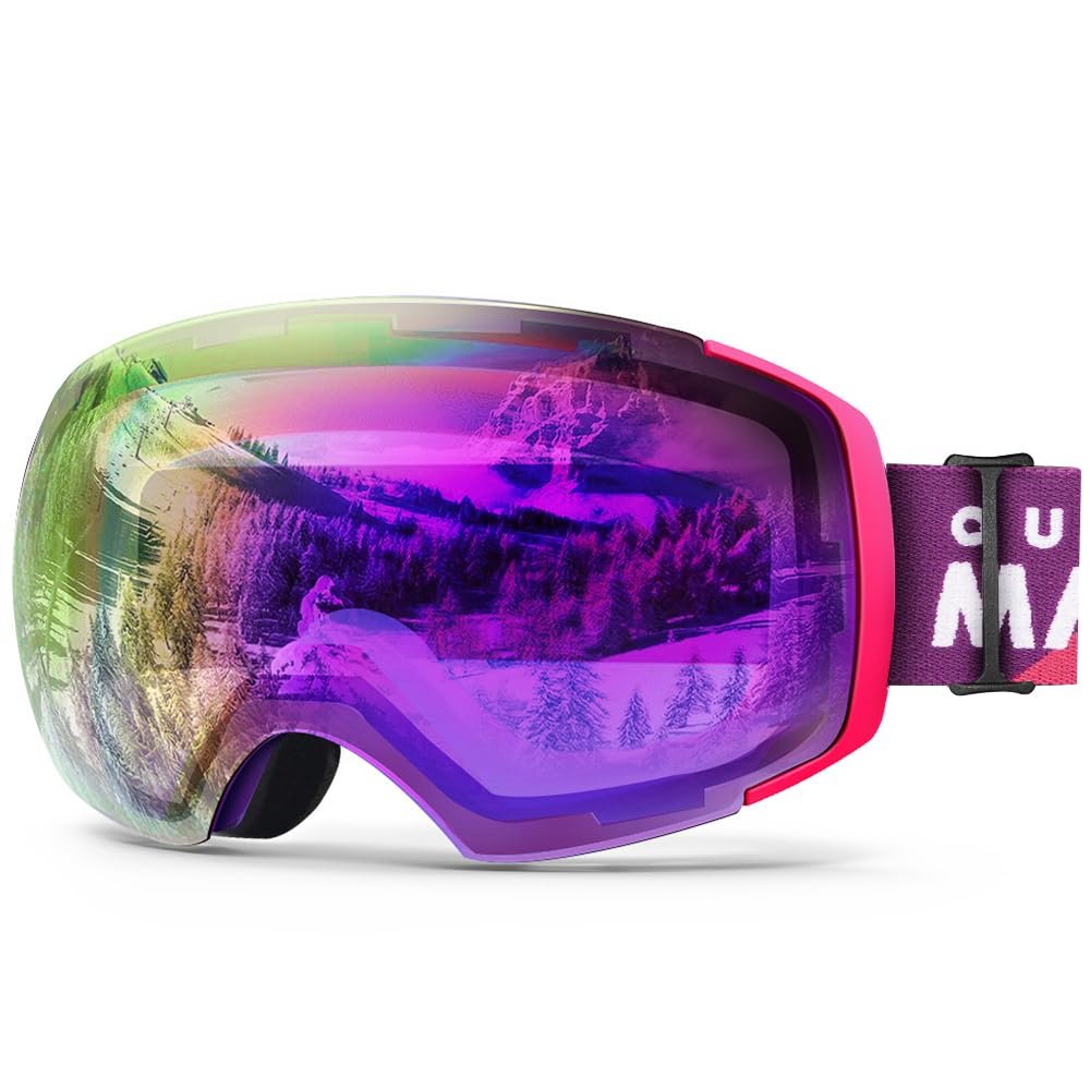 OutdoorMaster Ski Goggles PRO - Frameless, Interchangeable Lens 100% UV400 Protection Snow Goggles for Men & Women (Pink-Purple Frame VLT 45% Fuchsia Lens and Free Protective Case)