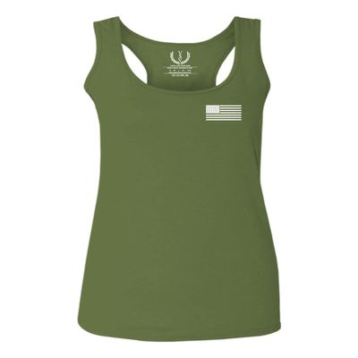 0092. White Vintage American Flag United States America USA us Military Patriotic Women's Tank Top Racerback (Olive, Large)