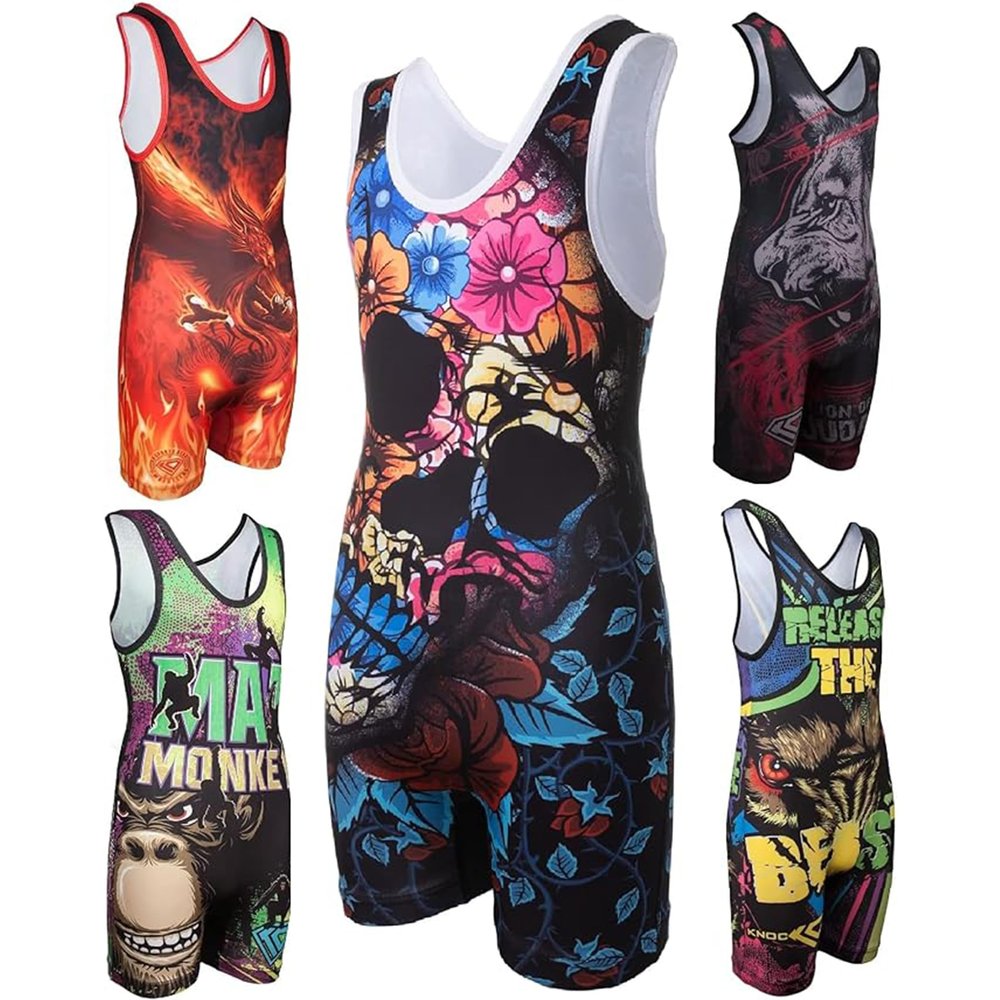 KO Sports Gear Unisex Wrestling Singlet for Adult Wrestlers - Wrestling Singlet for Men & Women - Bold Durable Uniform, Stretchy Breathable Material - Day of the Dead, Adult X-Large