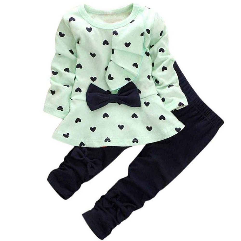 0-3 Years Kids Baby Girls Clothes Cute Heart-Shaped Print Bow Tops Tee Shirt +Pants Leggings 2Pcs Outfits Set Light Green