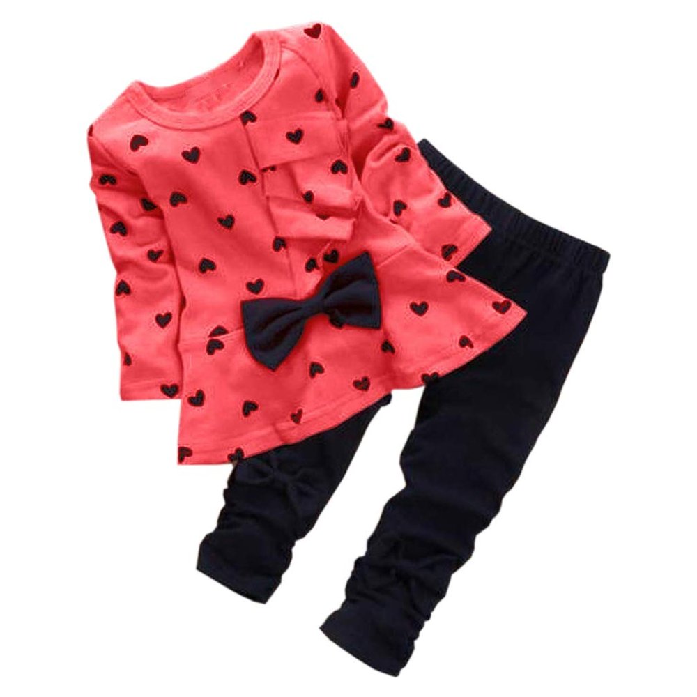 0-3 Years Kids Baby Girls Clothes Cute Heart-Shaped Print Bow Tops Tee Shirt +Pants Leggings 2Pcs Outfits Set Red