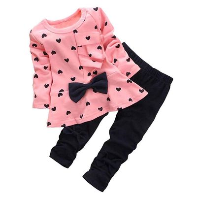 0-3 Years Kids Baby Girls Clothes Cute Heart-Shaped Print Bow Tops Tee Shirt +Pants Leggings 2Pcs Outfits Set Pink