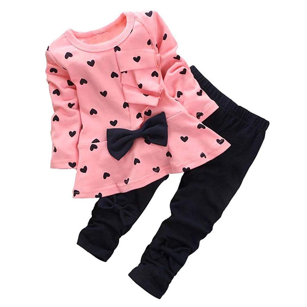 0-3 Years Kids Baby Girls Clothes Cute Heart-Shaped Print Bow Tops Tee Shirt +Pants Leggings 2Pcs Outfits Set